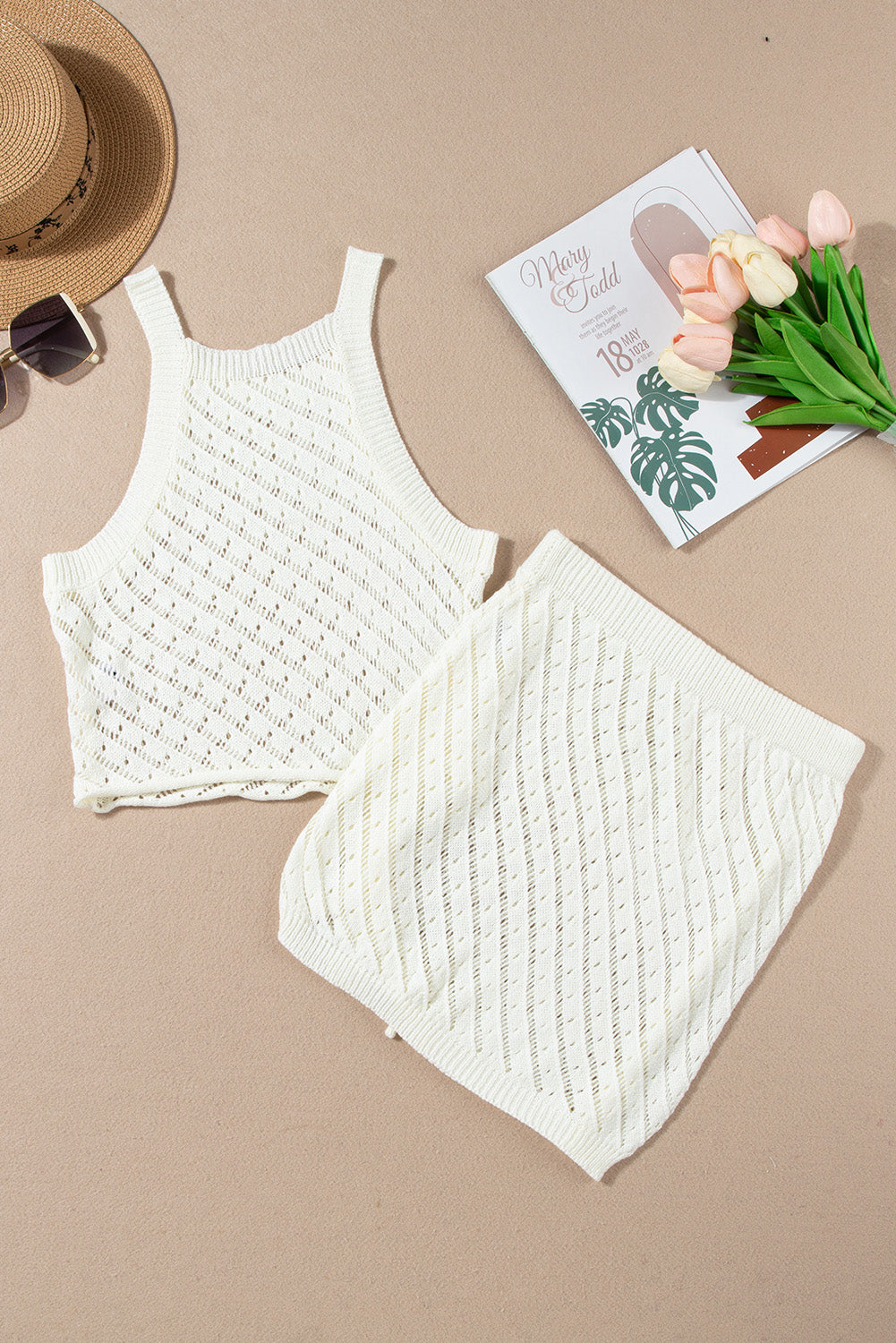 White Hollowed Crochet Cropped Two Piece Beach Cover Up