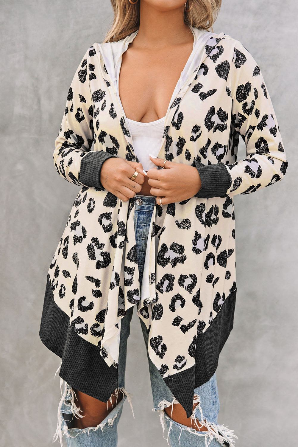 Cheetah Print Casual Hooded Open Front Cardigan