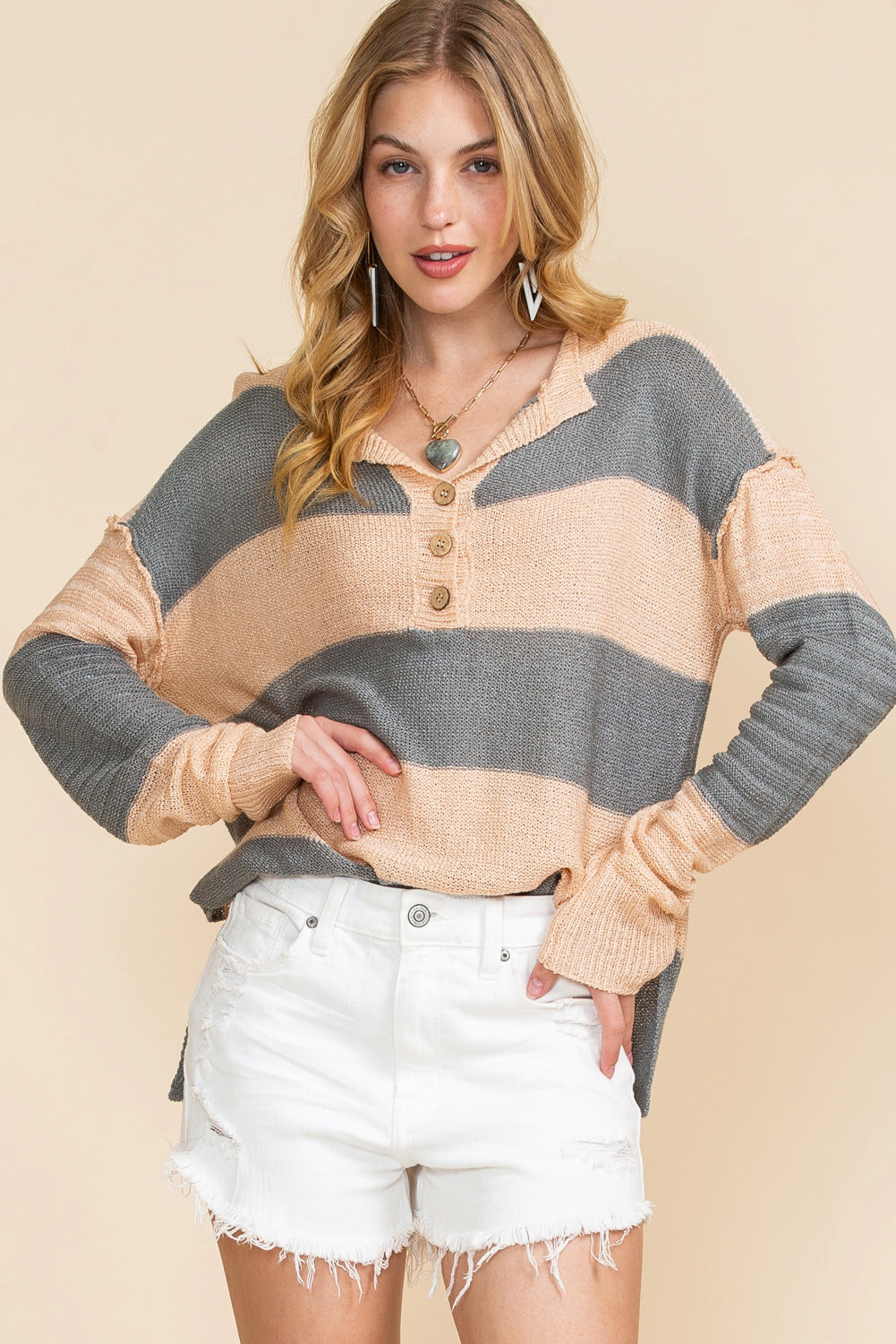 Khaki Colorblock Ribbed Contrast Trim Henley Sweater
