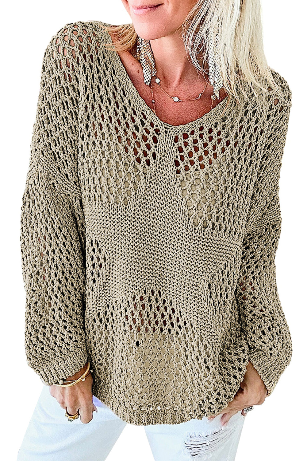 Khaki Star Pattern Drop Sleeve Hollow Out Sweater