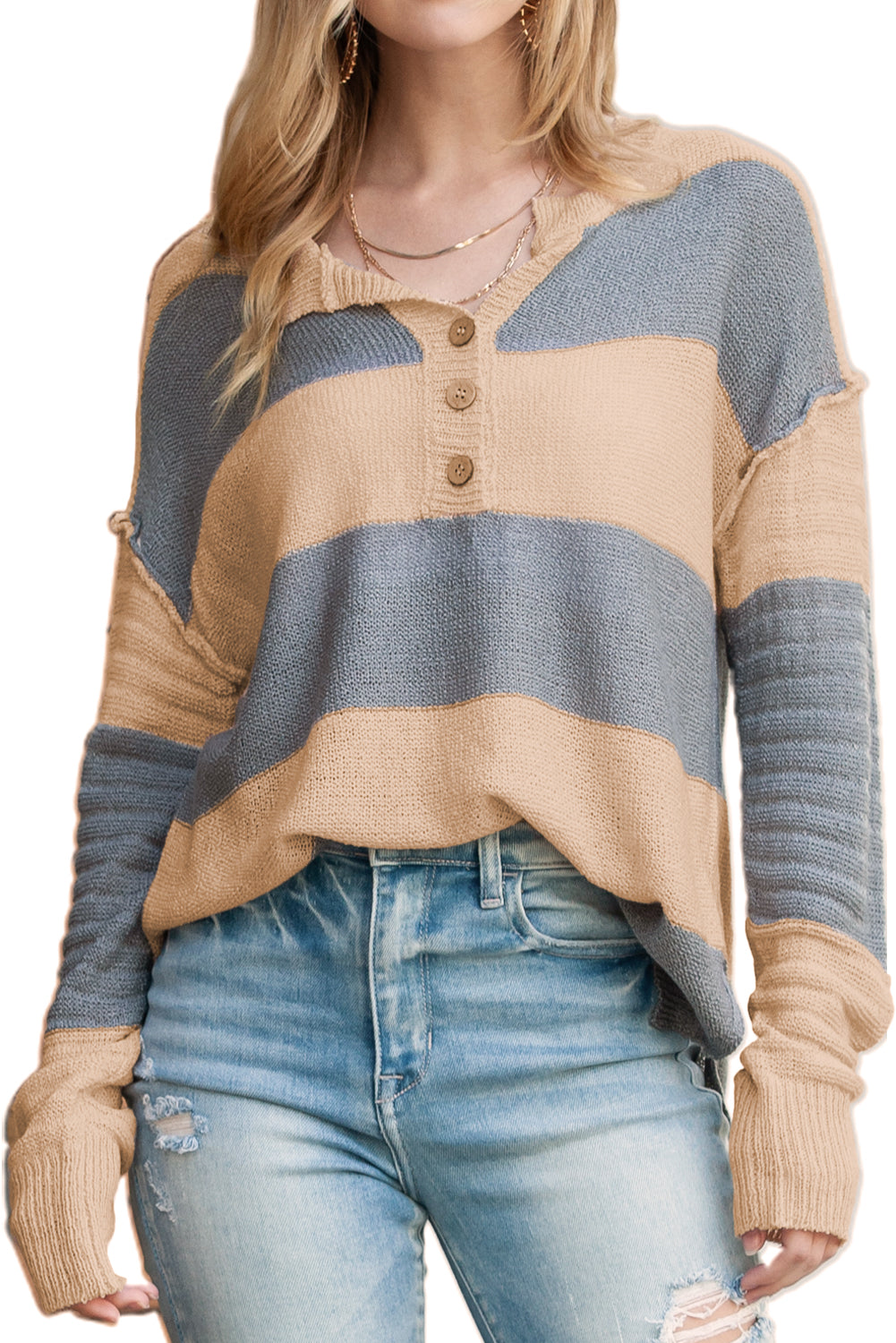 Khaki Colorblock Ribbed Contrast Trim Henley Sweater