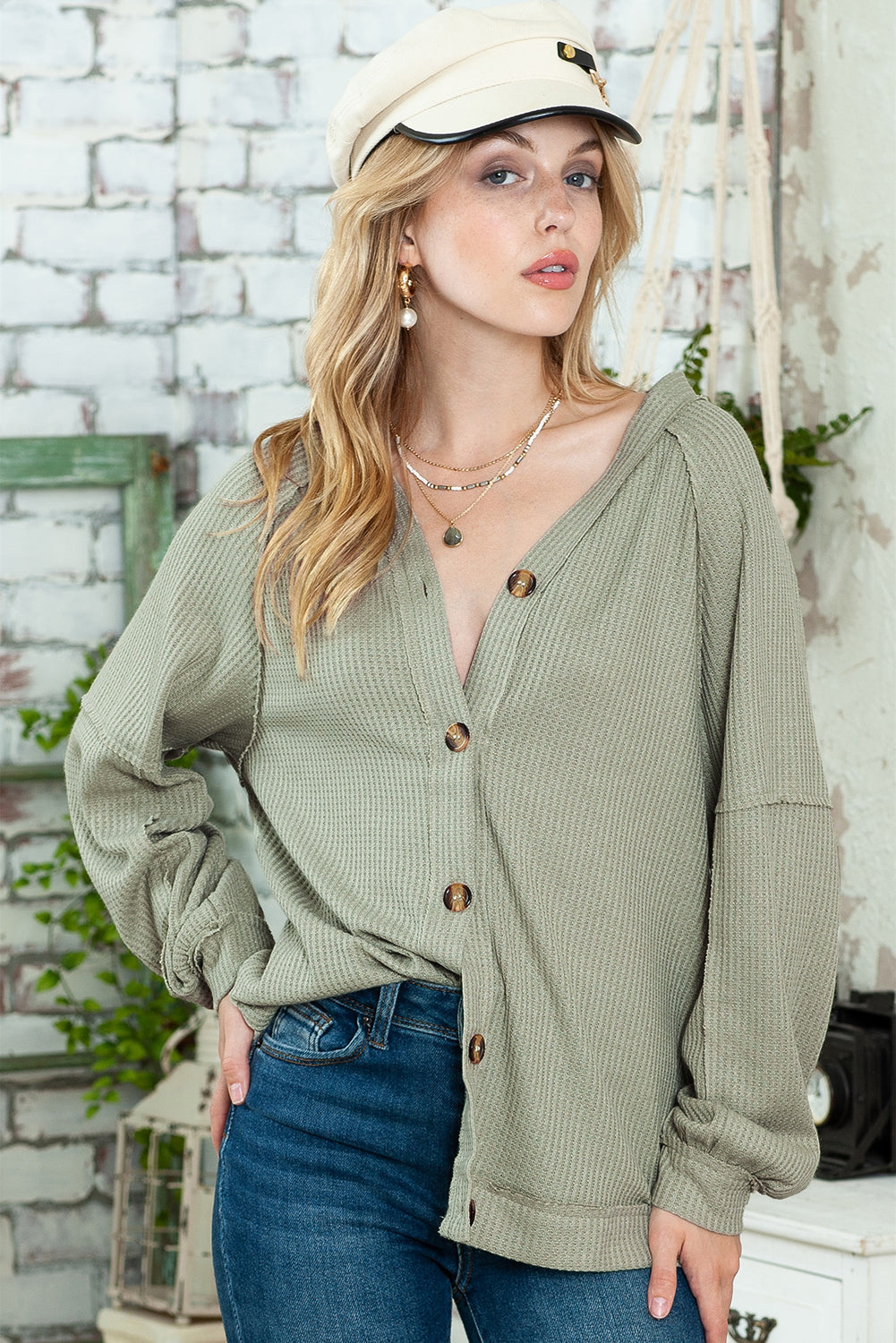 Green Exposed Seam Button Front Waffle Knit Cardigan