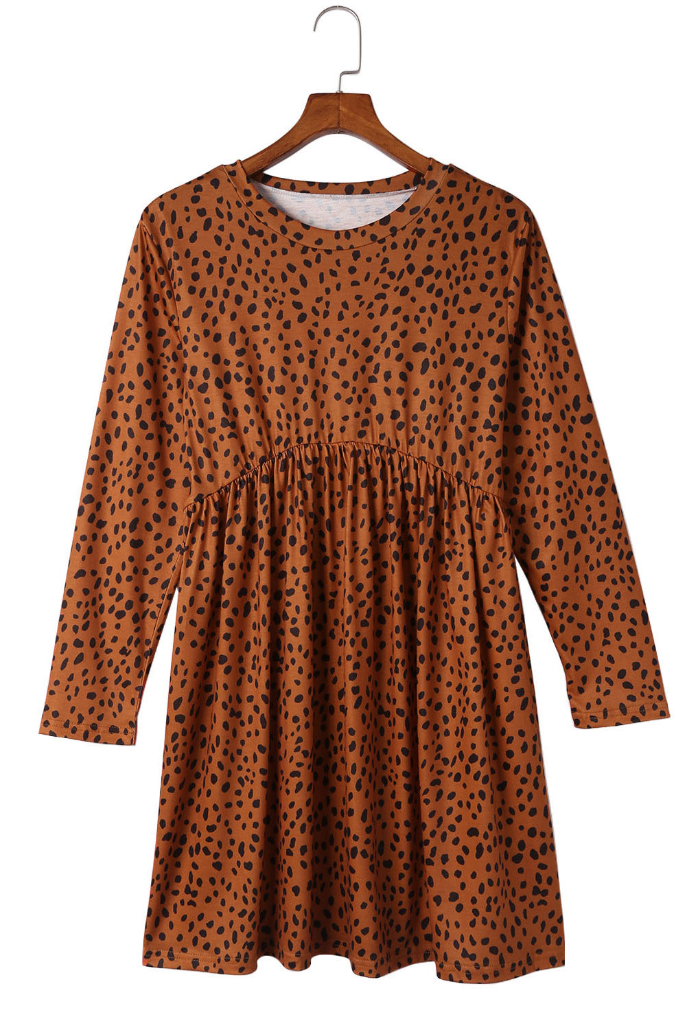 Khaki Crew Neck Long Sleeve High Waisted Leopard Print Dress