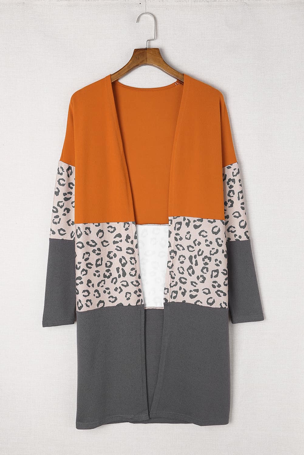 Orange Leopard Print Colorblock Patchwork Knit Cardigan