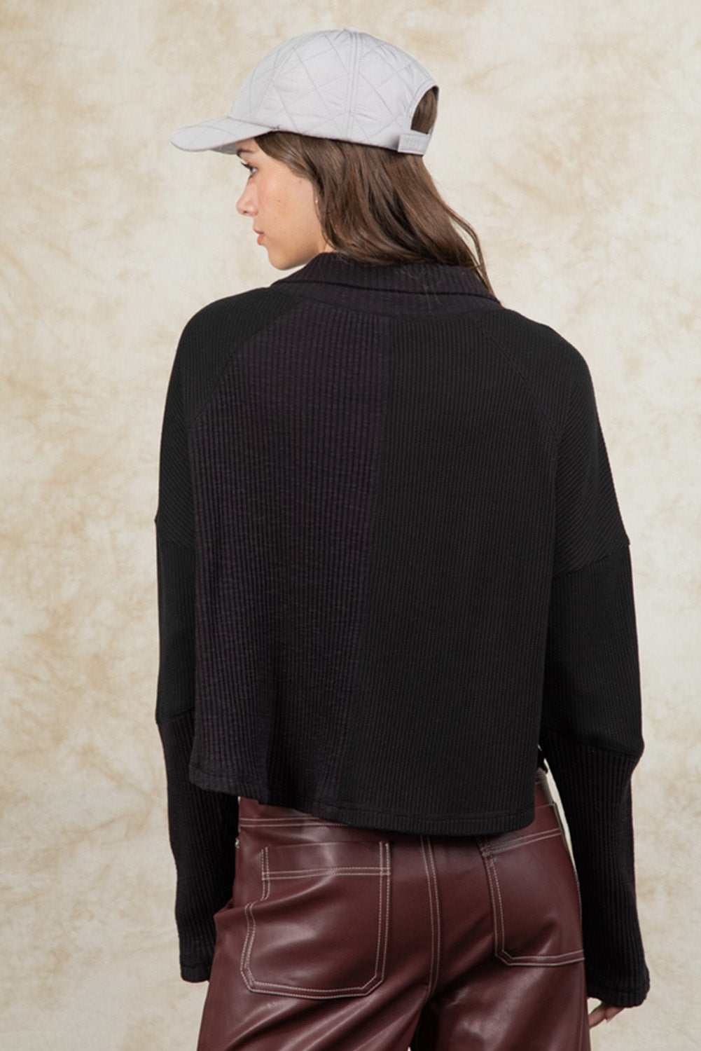 Black Ribbed Knit Drop Sleeve Collared Henley Sweater