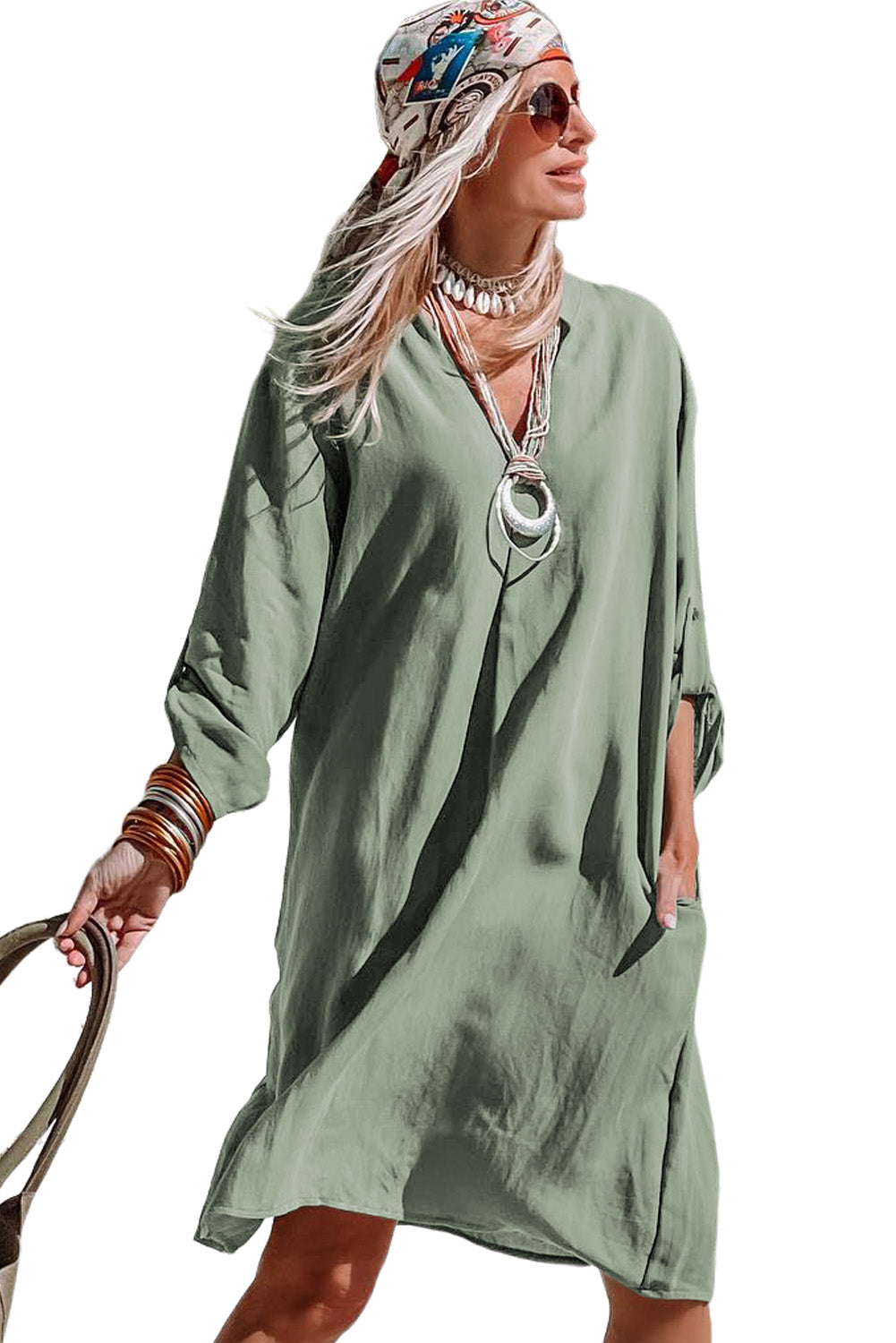 Green Roll-Tab Sleeve Notch Neck Boho Tunic Dress