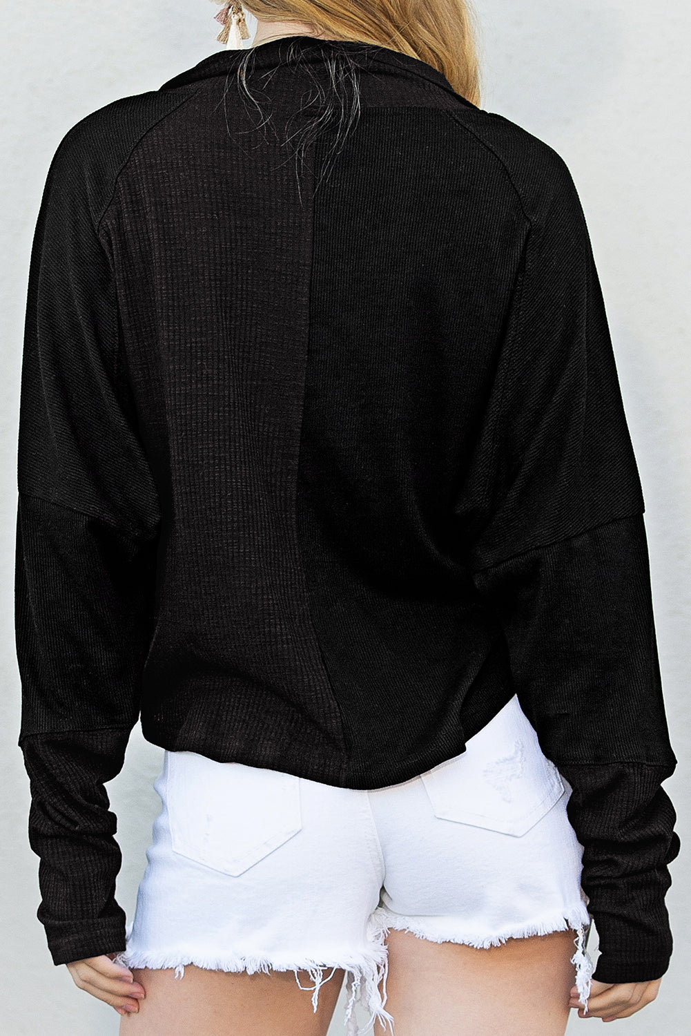 Black Ribbed Knit Drop Sleeve Collared Henley Sweater