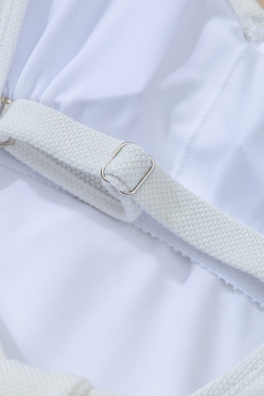 White Asymmetric Ruffle Trim Tie Waist One Piece Swimsuit
