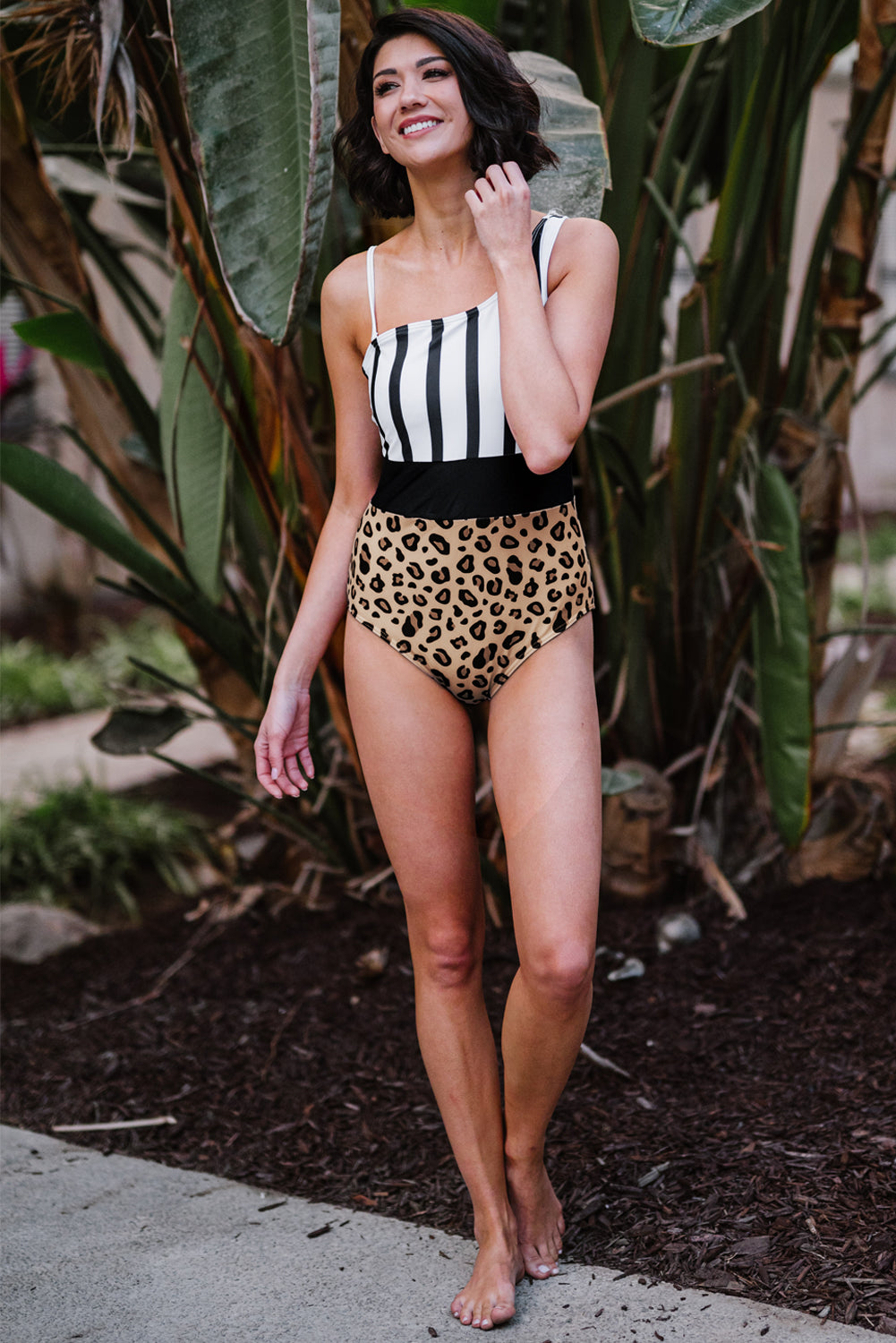 Leopard Striped Colorblock Asymmetrical Sleeveless One Piece Swimsuit