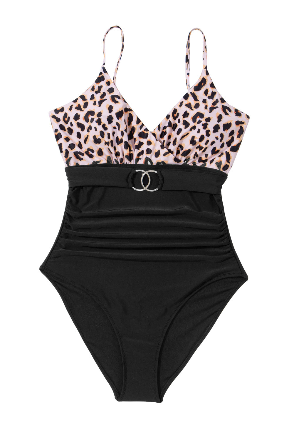 Black Leopard Print Ruched V Neck One Piece Swimsuit