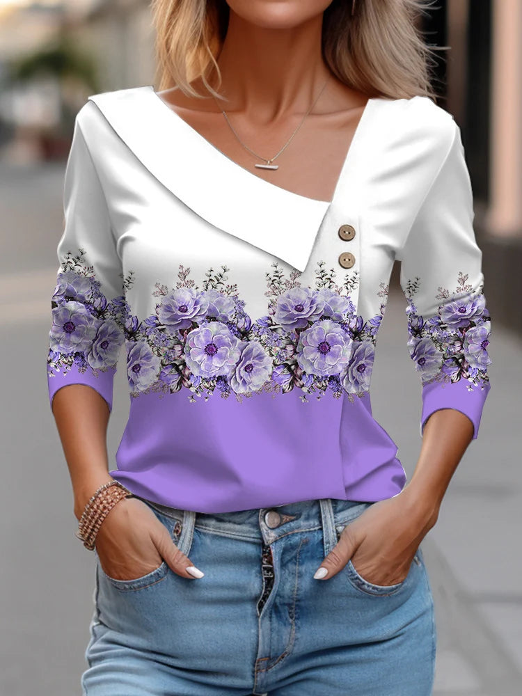 T Shirt For Women Fashion Long Sleeve Top White Floral Print Shirts And Blouses Autumn Winter Clothes For Women 2024