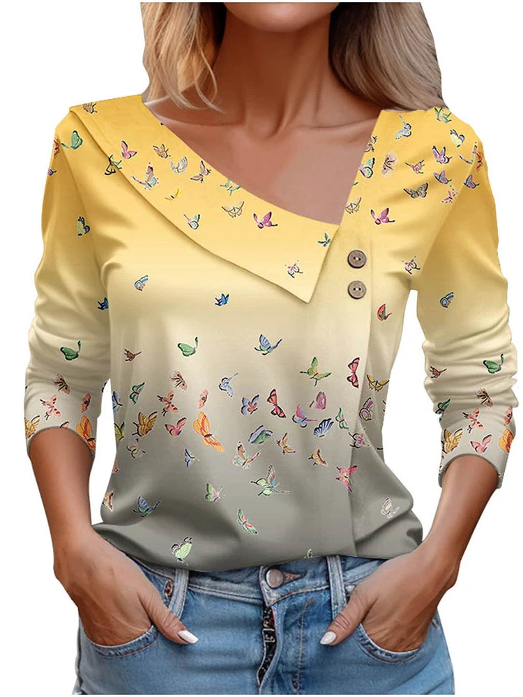 T Shirt For Women Fashion Long Sleeve Top White Floral Print Shirts And Blouses Autumn Winter Clothes For Women 2024