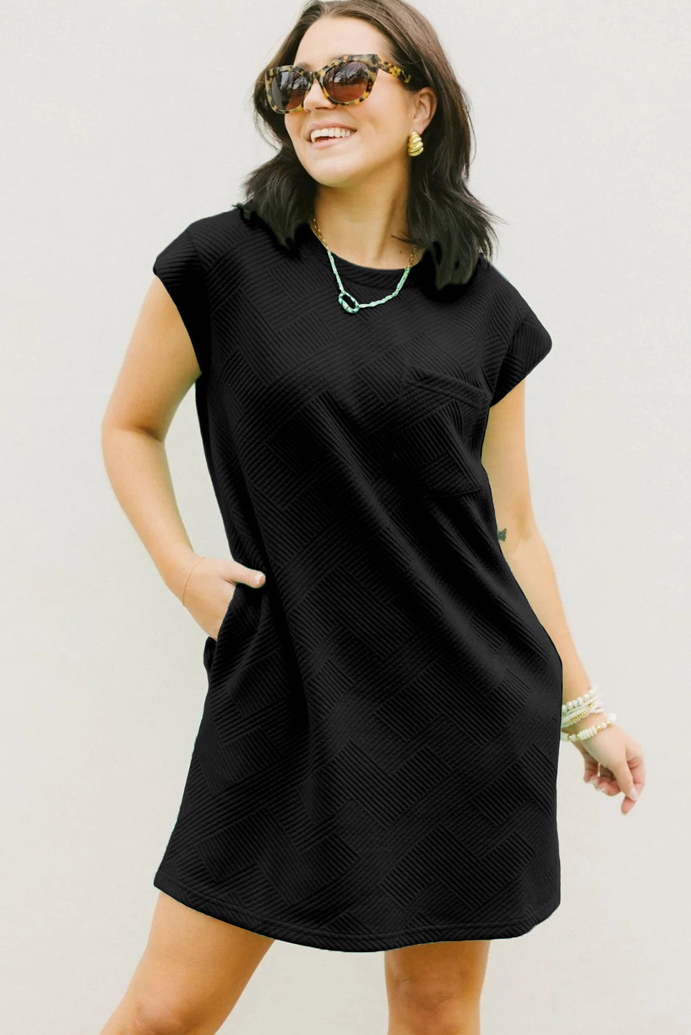 Black Plain Textured Pocketed Cap Sleeve Mini Dress