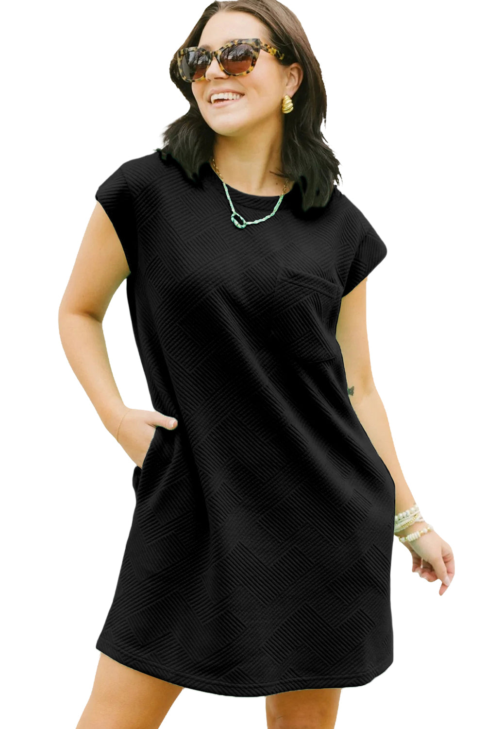 Black Plain Textured Pocketed Cap Sleeve Mini Dress