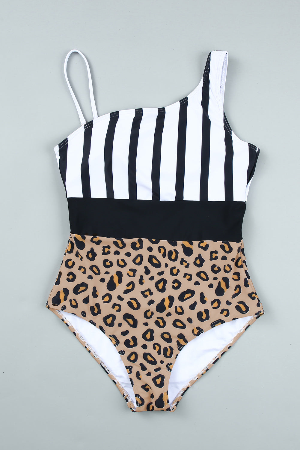 Leopard Striped Colorblock Asymmetrical Sleeveless One Piece Swimsuit