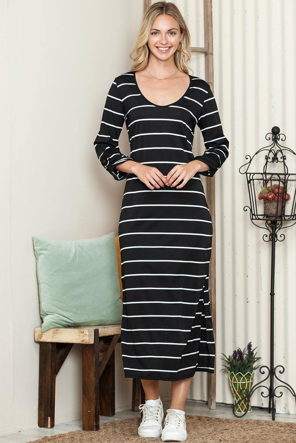 Black Striped Casual Slit High Waist Midi Dress