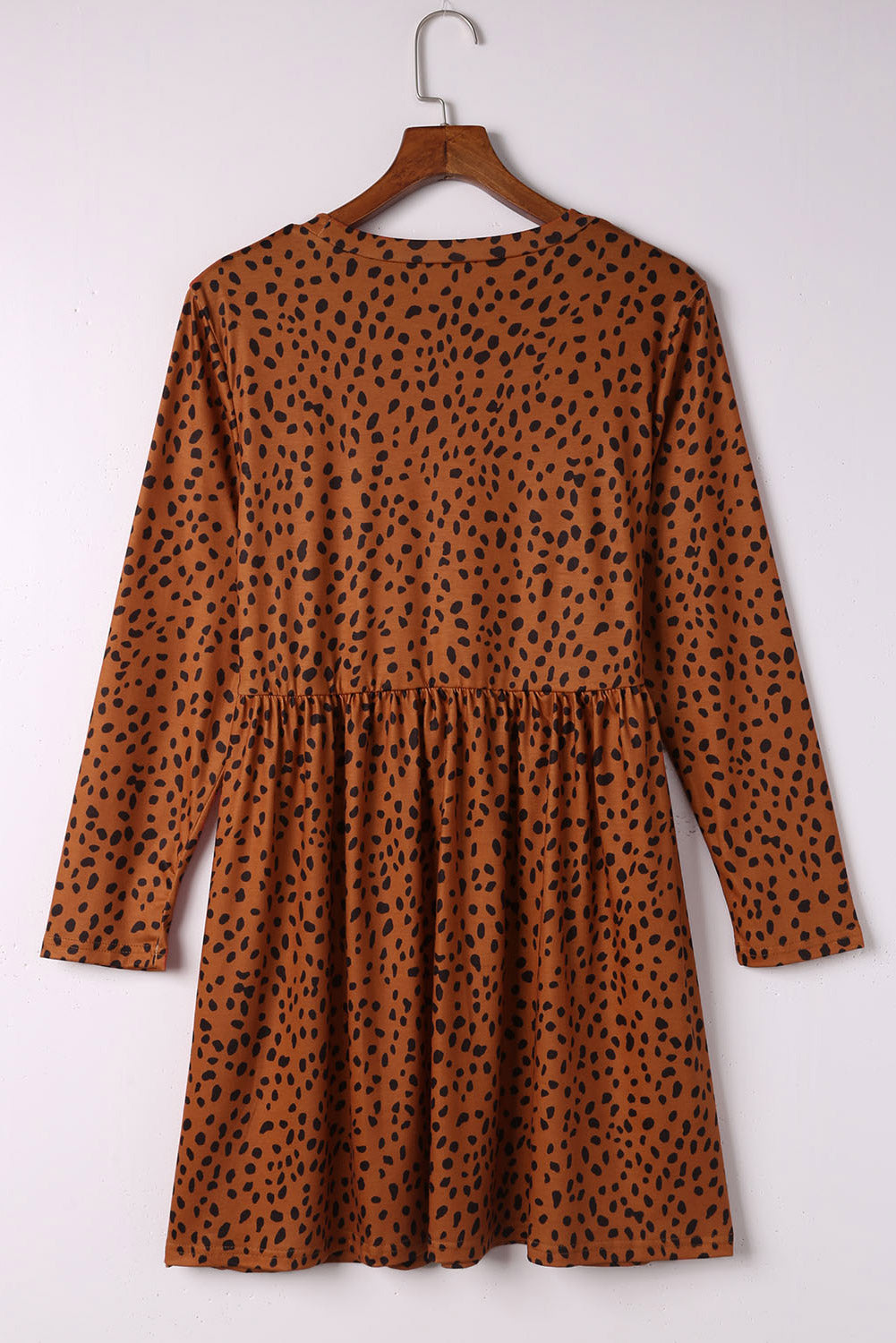 Khaki Crew Neck Long Sleeve High Waisted Leopard Print Dress