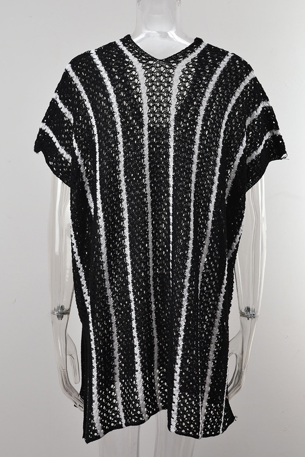 Black Striped Crochet Loose Fit V Neck Beach Cover Up